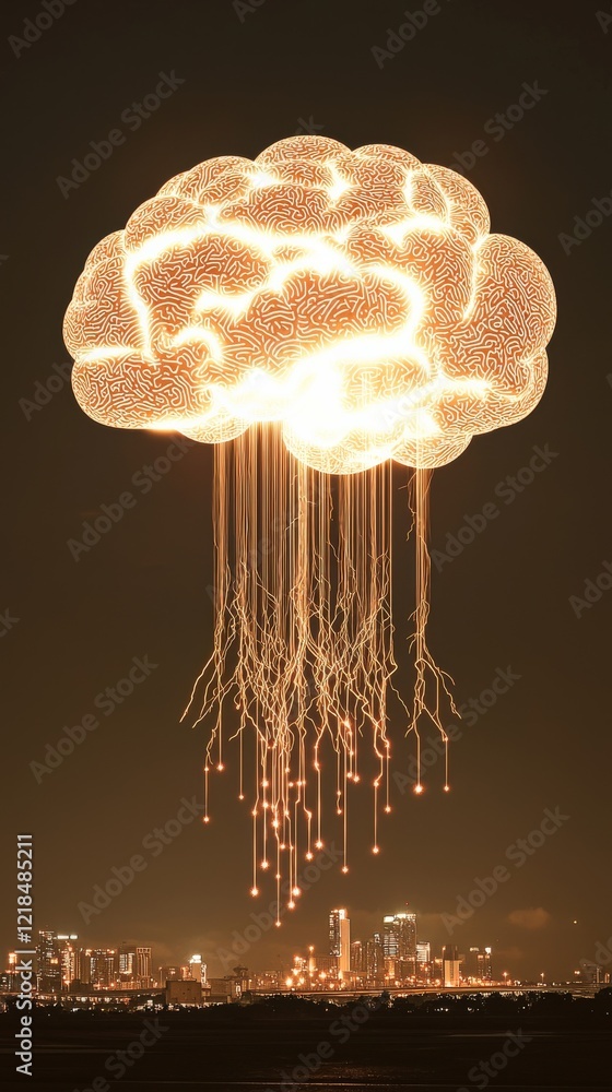 Poster conceptual representation of a glowing brain with luminous data streams over a city skyline at night