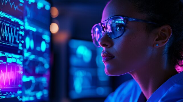 Focused Female Scientist Analyzing Complex Data on Computer Screen