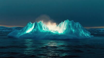 Arctic iceberg glowing at sunset, ocean background, climate change imagery