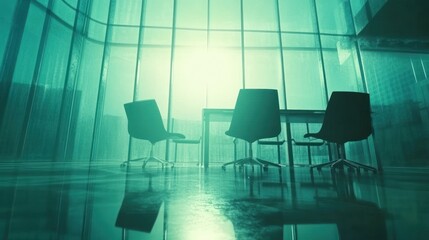 Empty office chairs meeting room city view sunrise