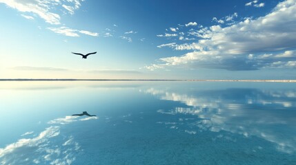 Fototapeta premium Bird soaring over calm desert lake, sunrise reflection