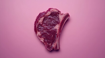 Pink background, raw ribeye steak, overhead shot, food photography, menu design