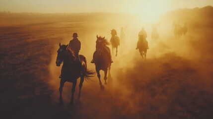 Sunset horseback riders dust trail plains landscape