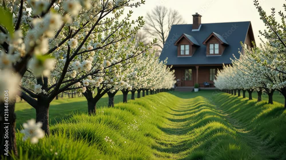 Poster a house is in front of a row of trees. the trees are full of blossoms. the house is surrounded by a 