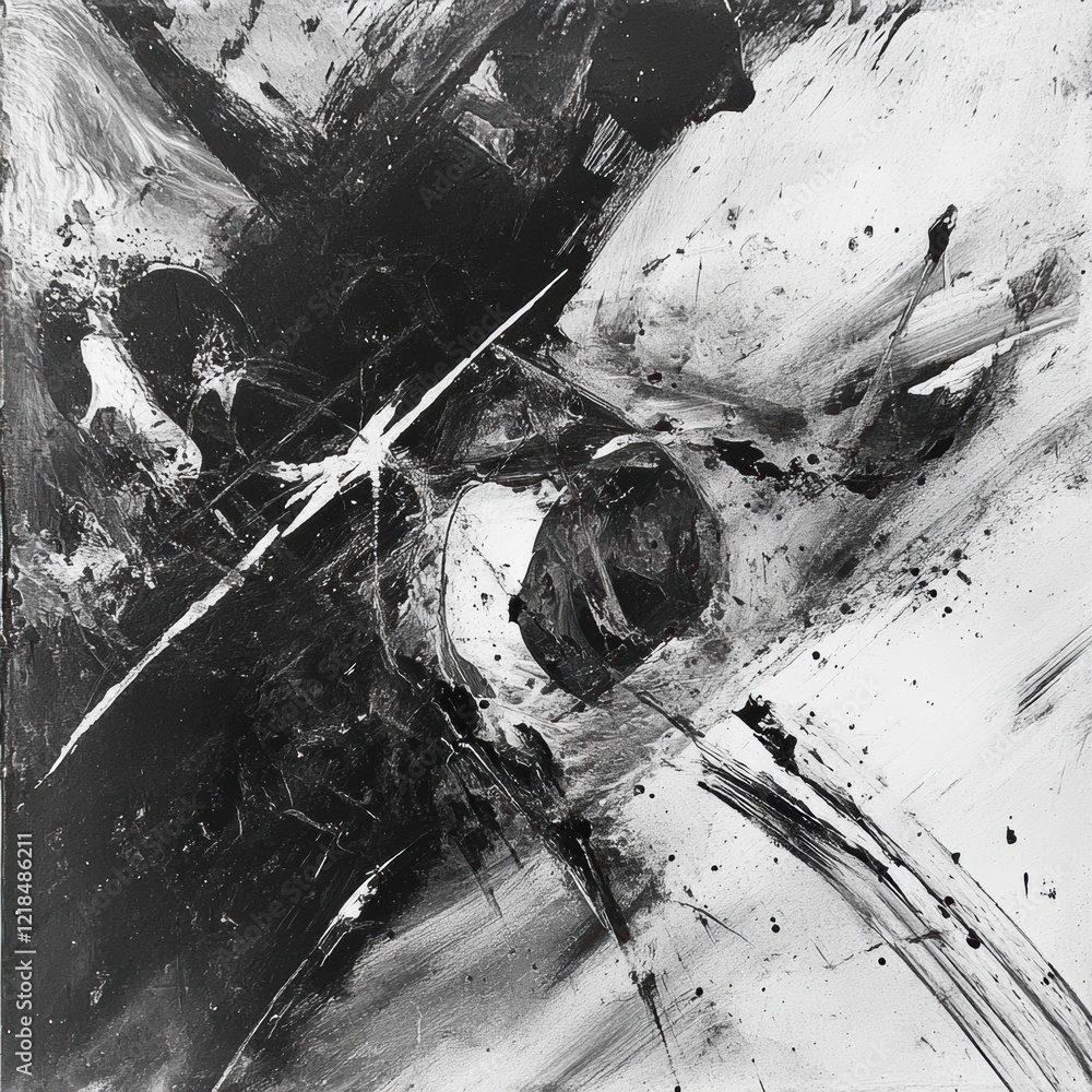 Poster abstract black and white artwork showcasing dynamic brush strokes and textured patterns in a contemp