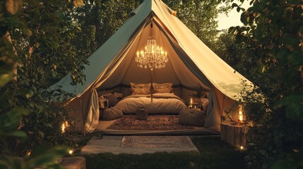 Luxurious glamping tent with chandelier, bedding, and candles.
