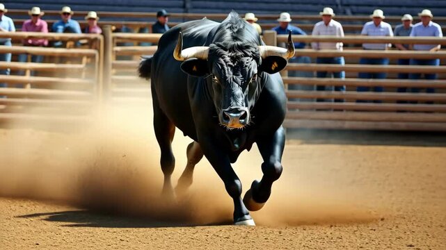 Bull charges through rodeo arena, dust rising, spectators cheering, showcasing traditional sports excitement and athletic skill