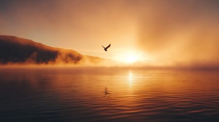 Fototapeta premium Sunrise Eagle Flight Misty Lake Mountain Dawn Serenity