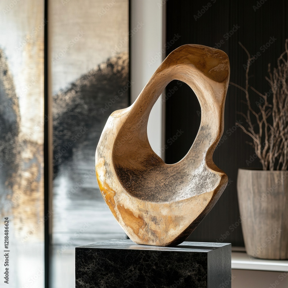 Poster modern art sculpture displayed in a stylish interior setting with neutral tones and elegant design e
