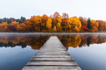 Serene Autumn Lake with Colorful Trees Reflected in Still Water