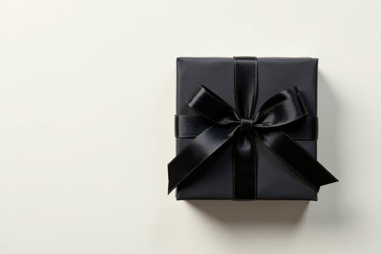 A sophisticated dark-colored gift box elegantly adorned with a meticulously tied black ribbon, perfect for a special occasion or a momentous celebration.