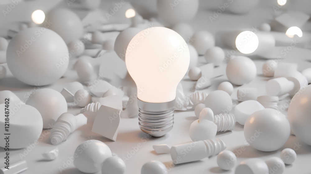 Poster a glowing light bulb surrounded by various white geometric shapes and objects on a neutral backgroun
