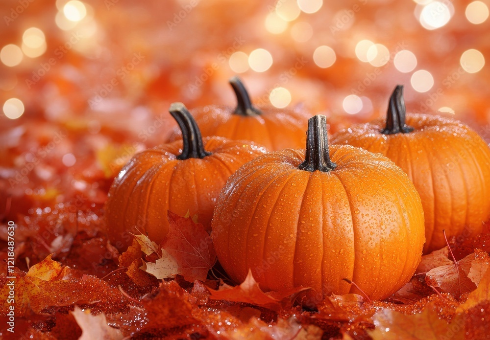 Poster four bright orange pumpkins resting on a bed of colorful autumn leaves with soft bokeh background cr