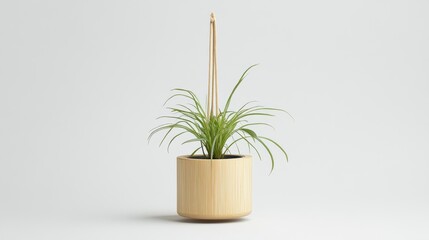 Fototapeta premium Hanging air plant in wooden pot, minimalist studio shot, home decor