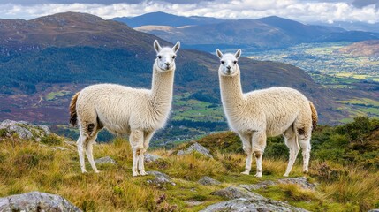 Fototapeta premium Llamas grazing in scenic highlands nature photography highland landscape outdoor adventure