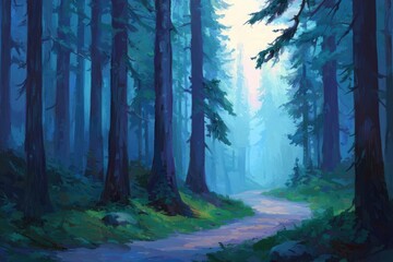 Fototapeta premium Serene Blue Forest Path at Dawn A Digital Painting