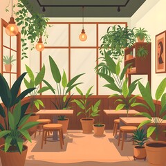 Cozy Cafe Interior with Plants and Warm Lighting