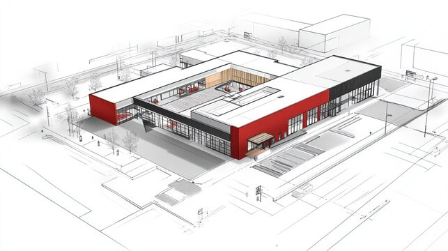 Modern school building design, aerial view, city background, architectural rendering