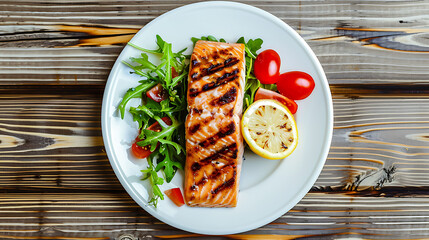 Grilled Salmon with Salad on White Plate