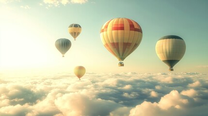 Obraz premium Hot air balloons soar above clouds at sunrise, idyllic travel scene