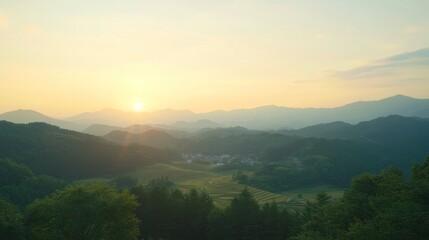 Sunrise over mountain valley village, peaceful rural landscape, idyllic scene