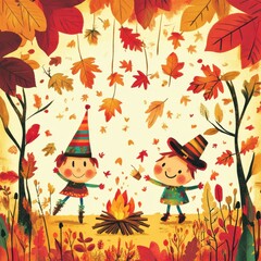 Fototapeta premium Children Playing in Autumn Woods with Bonfire