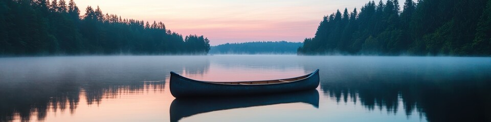 Obraz premium Serene Canoe on Misty Lake at Sunrise