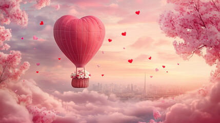 Obraz premium A huge red hot air balloon in the shape of a heart with a basket filled with white and pink flowers