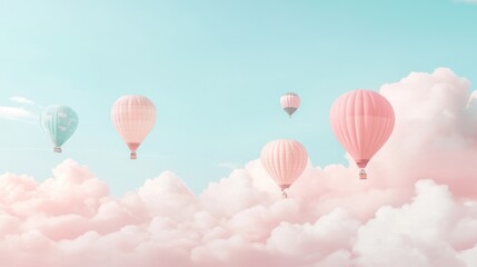 Fototapeta premium Pastel hot air balloons soaring above dreamy pink cloudscape