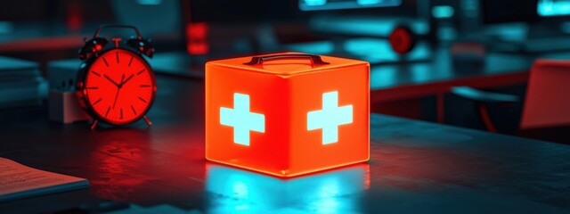 Emergency Medical Box with Red Cross Symbols Illuminated in a Dark Office Environment at Night