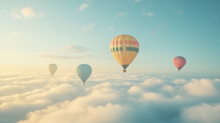 Obraz premium Hot air balloons soar above clouds at sunrise; peaceful travel