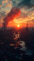 Obraz premium chaotic landscape, a vast battlefield with wrecked vehicles and smoke rising from the horizon an intense red and orange sunset sky 