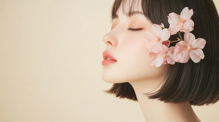 Fototapeta premium Serene woman, blossoms, studio, skincare ad