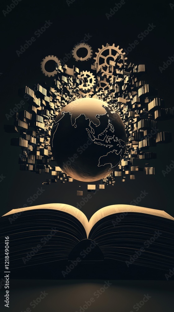 Poster open book with floating gear elements and globe on dark background for concept of knowledge and tech