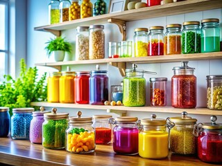 Glass Jars, Kitchen Counter, Colorful Products, Shelf Display
