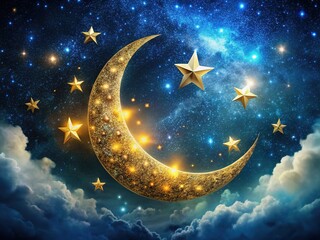 Naklejka premium Golden crescent moon, double-exposed stars, night sky.