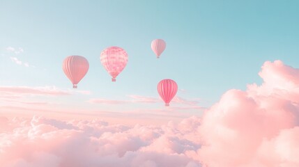 Obraz premium Pink hot air balloons soar above pastel clouds at sunrise; dreamy travel poster (2)
