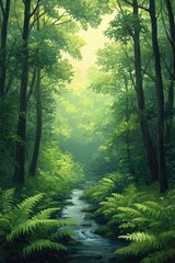 Obraz premium Serene Forest Path with Sunlight Filtering Through Lush Green Canopy