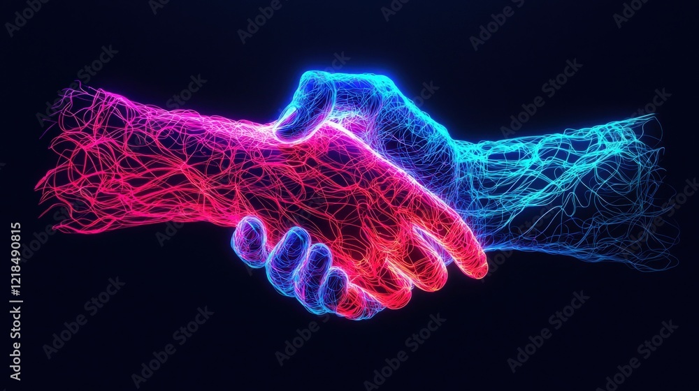 Poster abstract handshake illustration with neon glowing hands representing unity and collaboration in a di