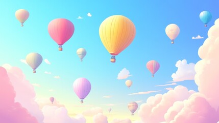 Colorful hot air balloons soar above fluffy clouds at sunrise, idyllic travel poster