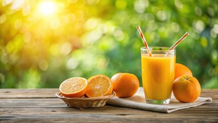 Naklejka premium Freshly squeezed orange juice with a straw and glass on the table, summer, beverage, summer, beverage, snack, home