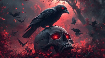 A raven with glowing red eyes standing on top of a human skull
