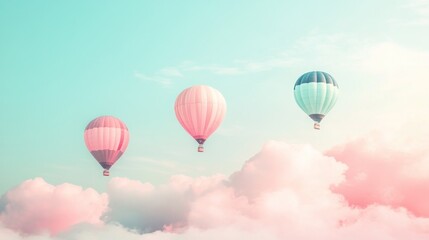 Obraz premium Pastel hot air balloons soar above dreamy cloudscape; travel, freedom concept