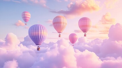 Obraz premium Pastel hot air balloons soar above clouds at sunset, dreamy travel poster