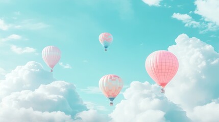 Pastel hot air balloons soar amidst fluffy clouds, scenic summer sky, travel ad