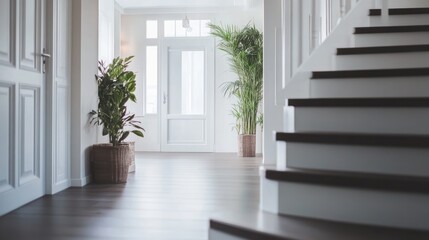 Bright hallway, stairs, plants, entrance, home, interior design, real estate, spacious, sunlight