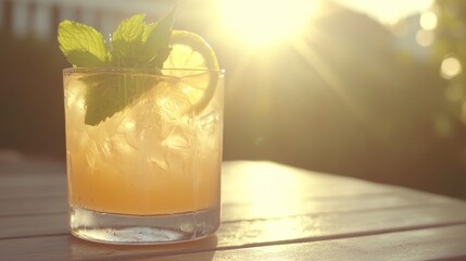 Fototapeta premium Sunset cocktail, lemon, mint, ice, outdoor table, summer drink, garden background, refreshment