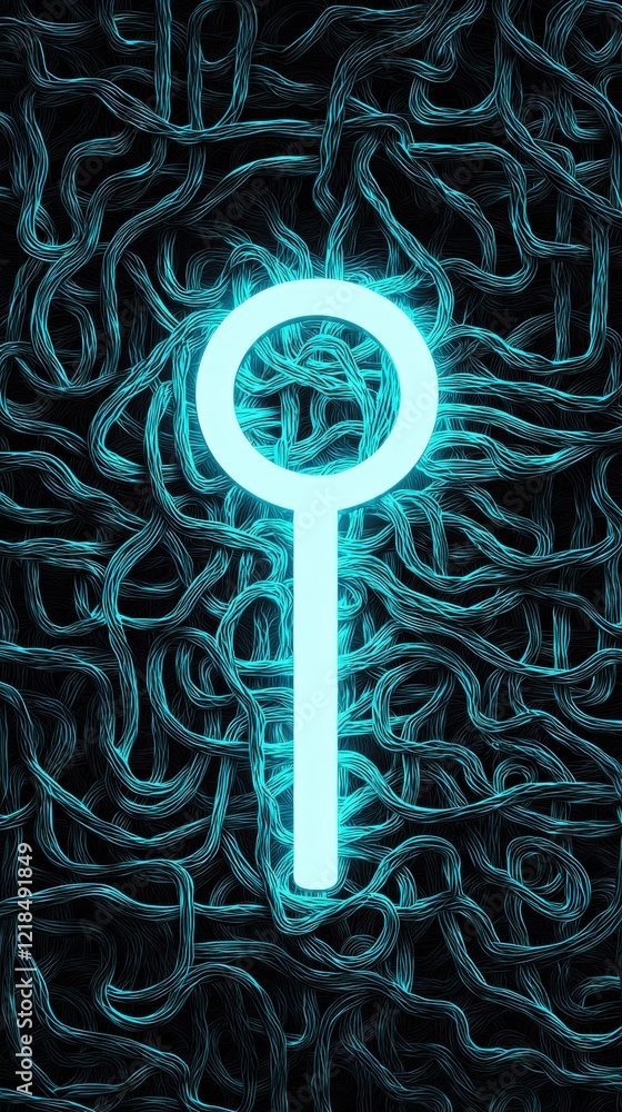 Poster abstract glowing key symbol surrounded by flowing neon lines on a dark background
