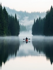 Serene Kayaking Through a Misty Forest Lake at Dawn