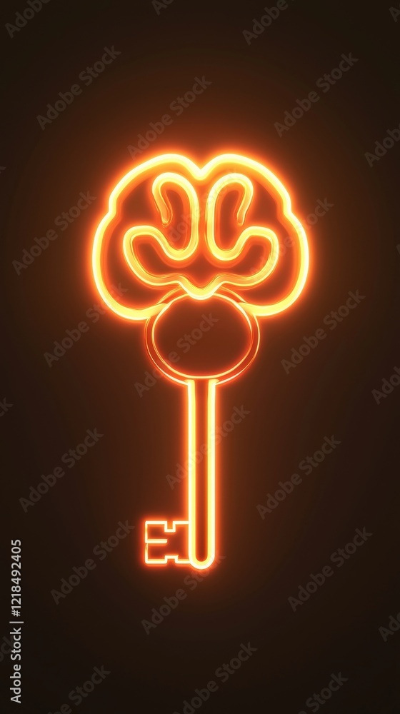 Poster neon key design representing brain symbolizing knowledge and intelligence with dark background